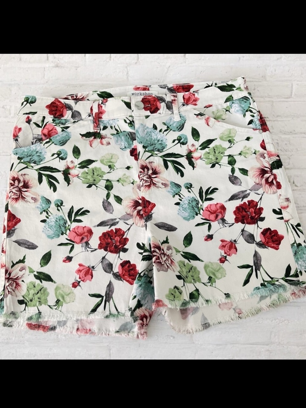 Workshop Republic Clothing Jean Cutoff Shorts White Red Blue Florals Sz 12 NWT